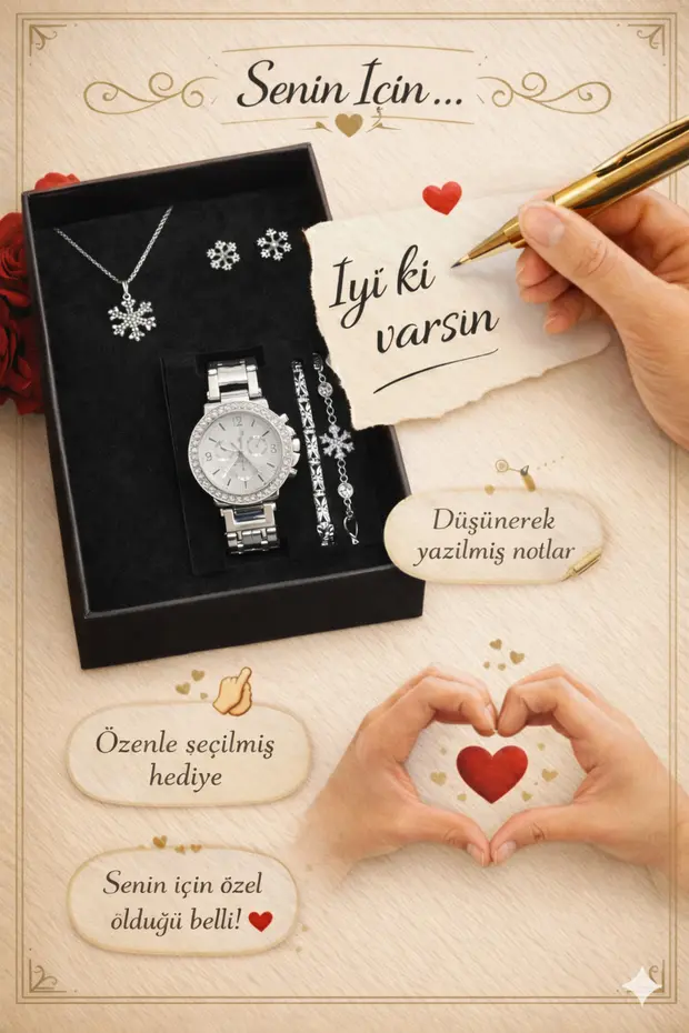 Gümüş Renk Kadın Kol Saati & Kolye Ve Küpe Kombin Hediye Seti